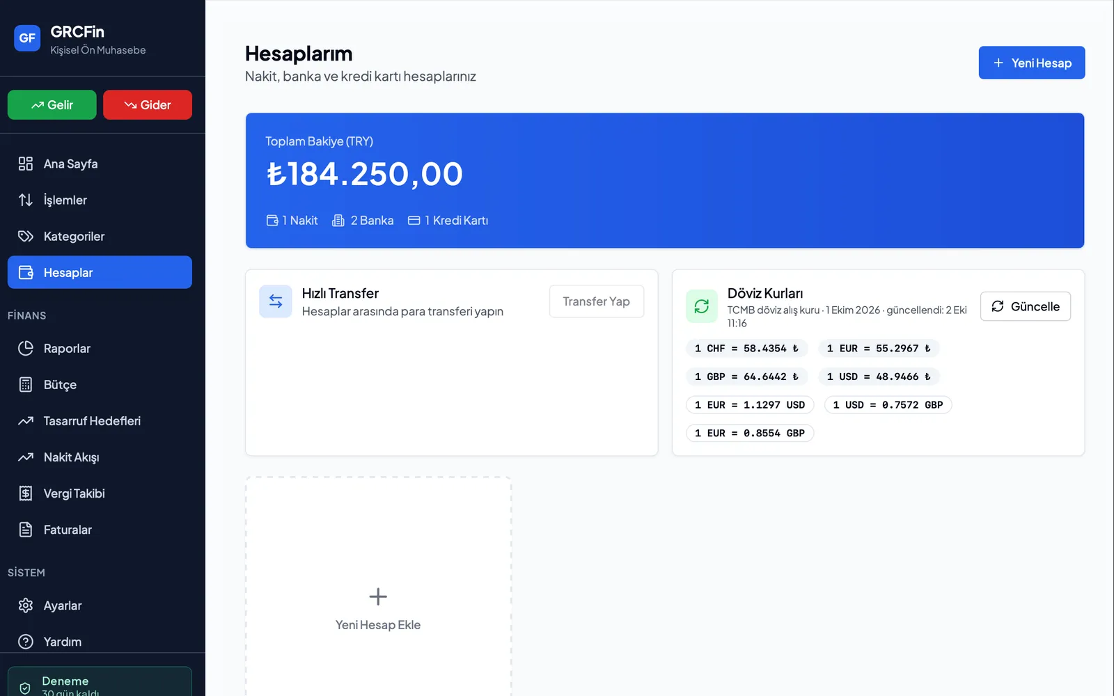 GRCFin Hesaplarım ekranı: toplam bakiye, hesaplar arası transfer ve TCMB döviz kurları (örnek verilerle)
