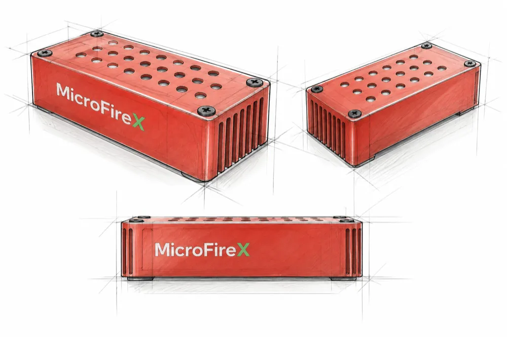 MicroFireX industrial design sketch — housing, mounting holes and vent channels