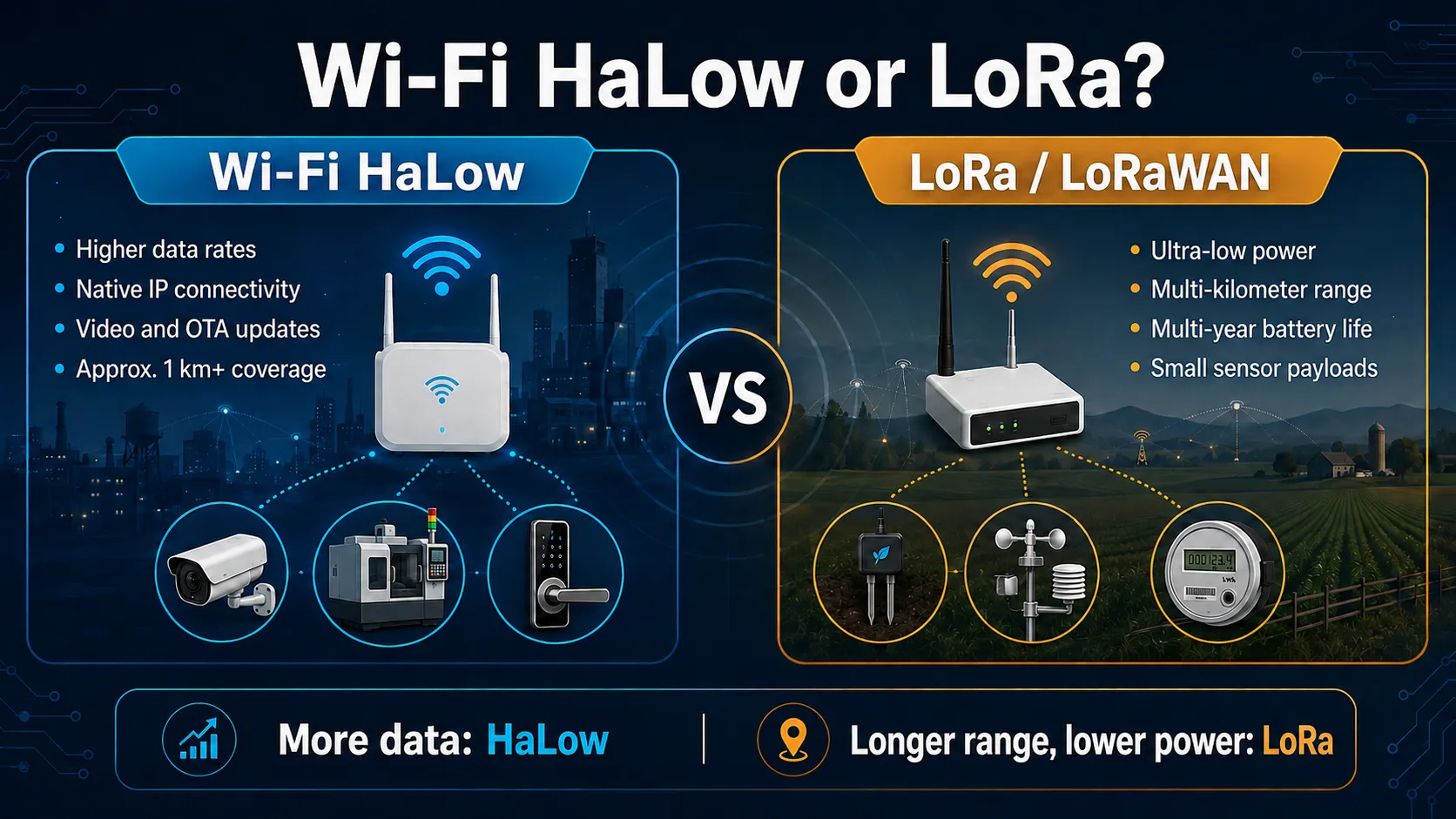 Wi-Fi HaLow vs. LoRa/LoRaWAN comparison infographic